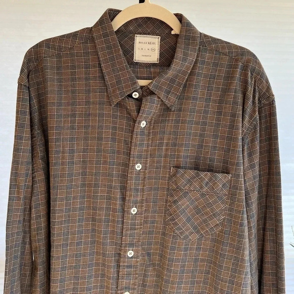 Billy Reid Standard Cut Light Brown Herringbone Plaid Button Front Shirt XXL - Picture 2 of 4
